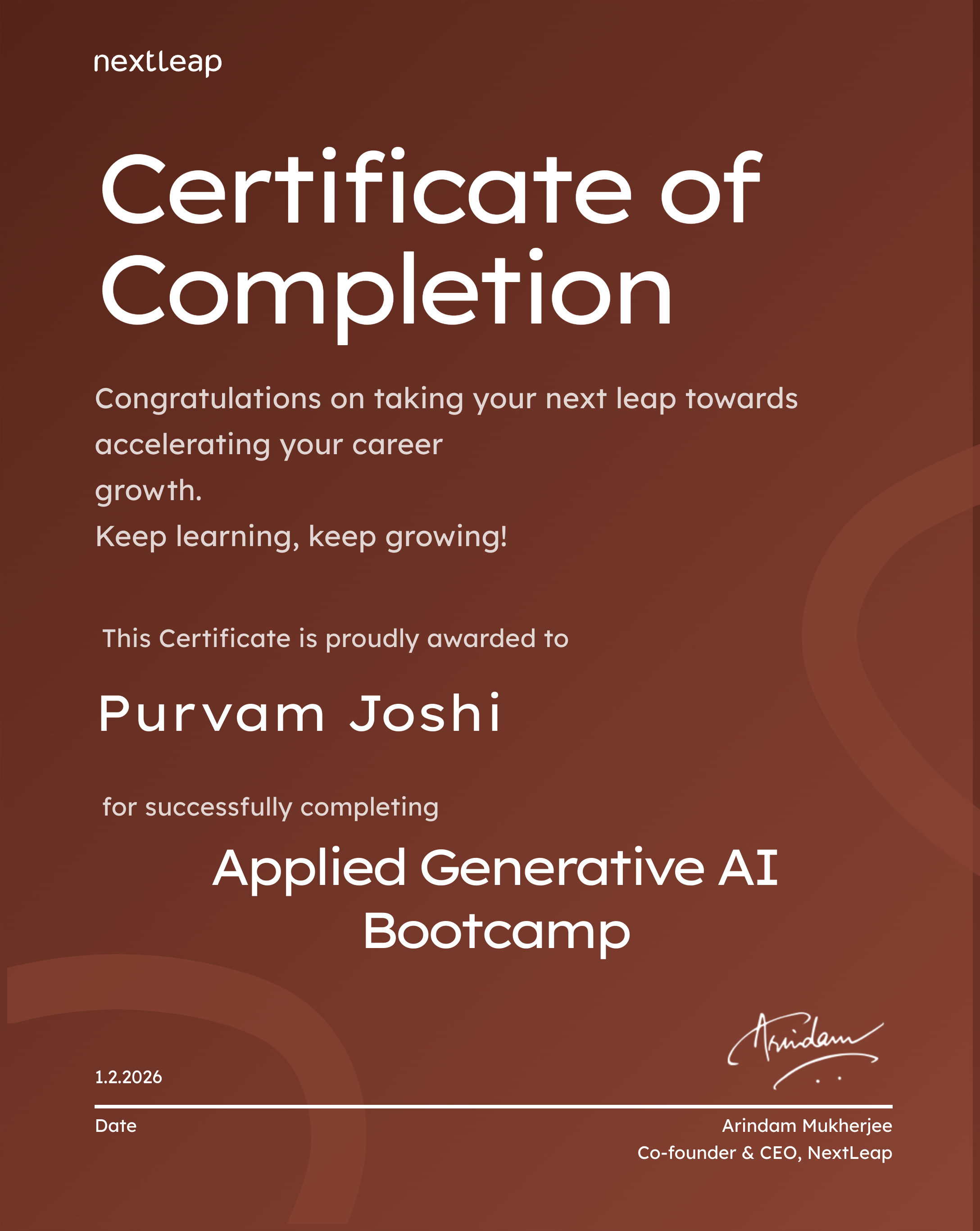 Completion Certificate for Applied Generative AI Bootcamp