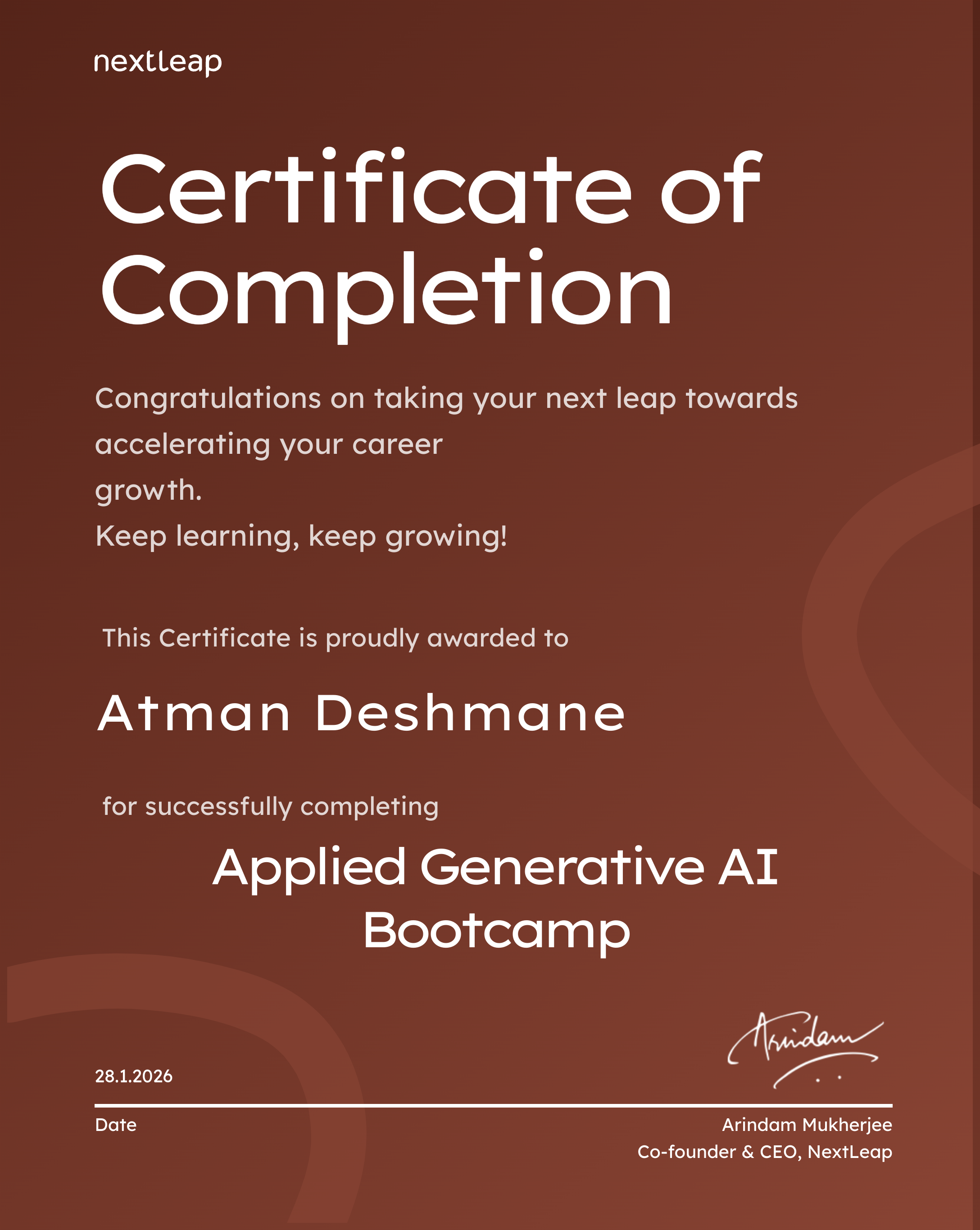 Completion Certificate for Applied Generative AI Bootcamp